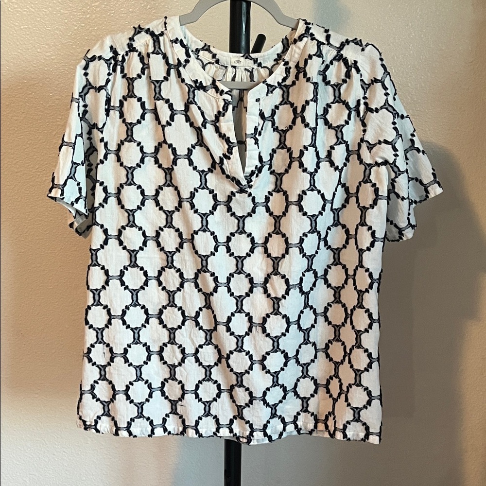 Loft Navy and White Geometric Women's Boxy Top Cotton